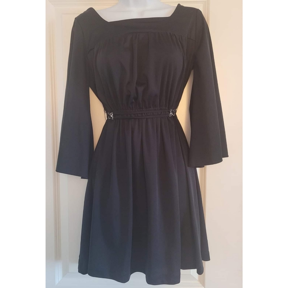 Bell-Sleeve Black Dress with Adjustable Belt, Size Sm-Med